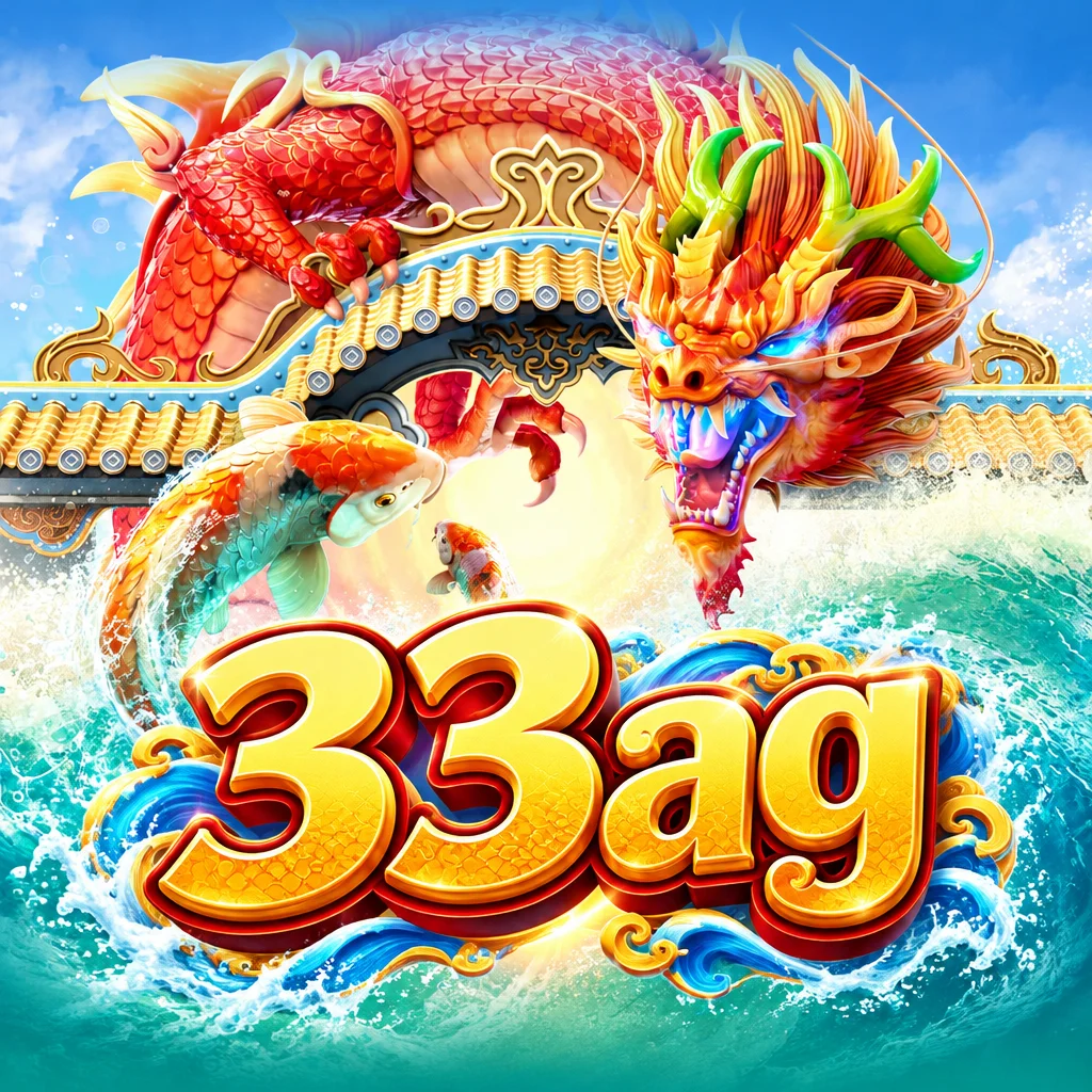 Naga oriental perkasa dan ikan koi berpadu dengan tulisan 33ag pada tema Dragon Legend